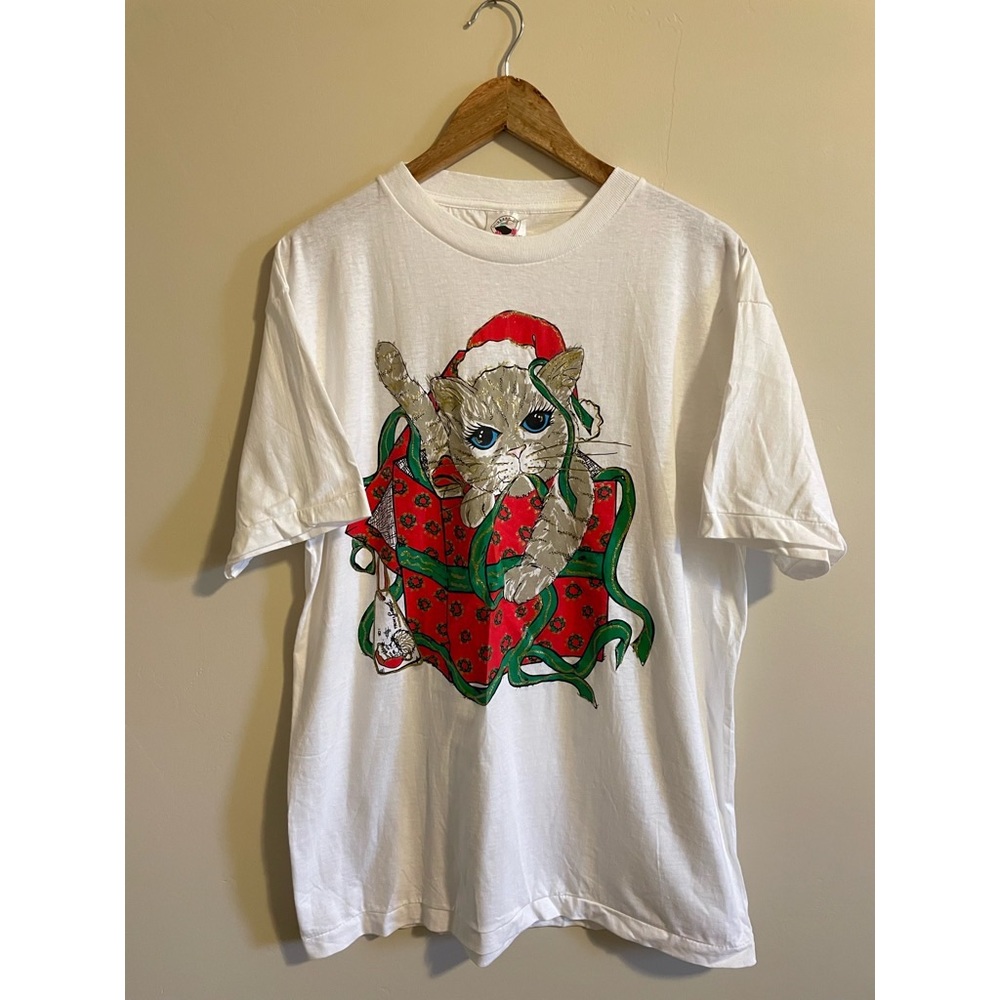 Vintage Christmas Cat Present Single Stitched Graphic T-Shirt XL White Santa